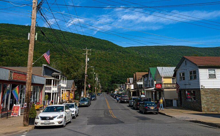 Historic Main Street in Phoenicia, New York, a popular Catskills mountain town near Hog Mountain Chalet